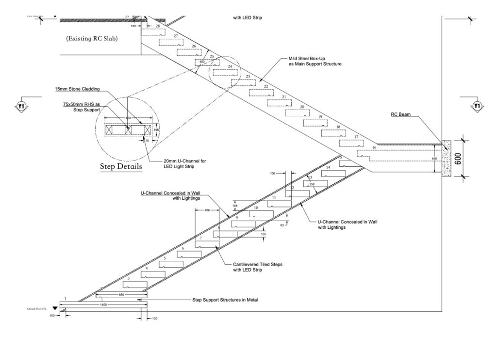 Floating Marble & Granite Staircase with Glass Railing | Ultimate Design Guide 2 Cutaway diagram of cantilevered stone tread anchored into structural wall